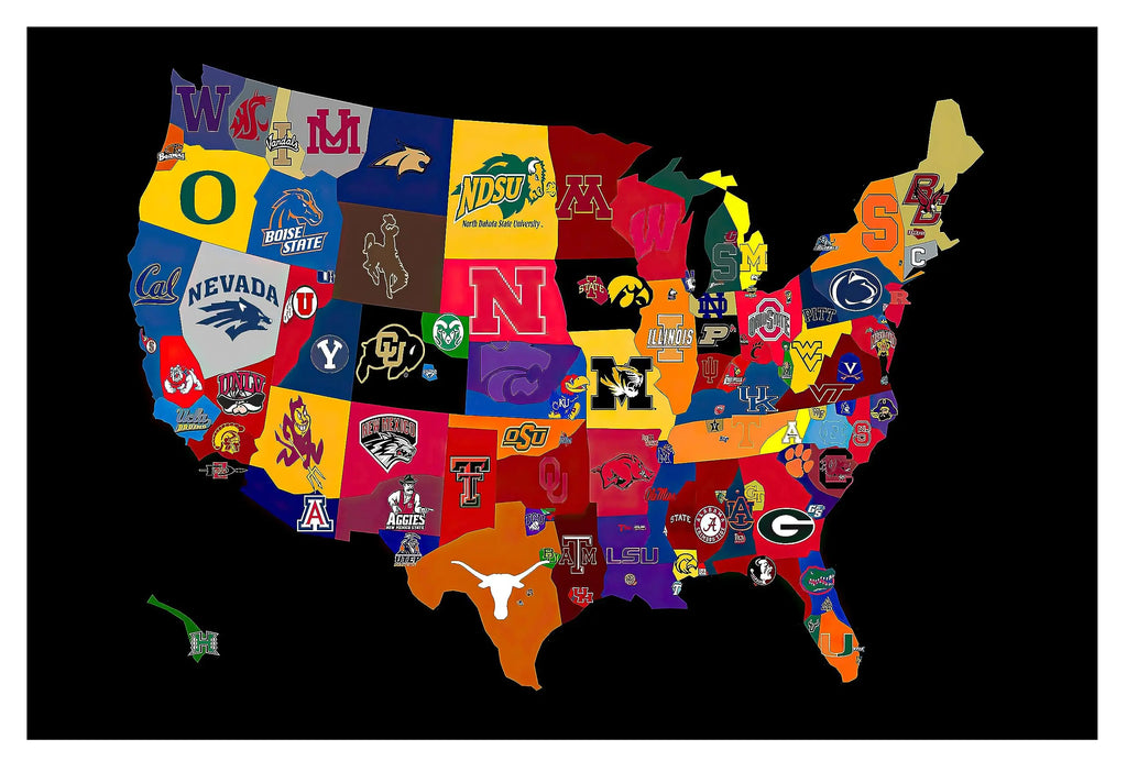 College football teams logo Posters-The College Football teams Logo Map-major league rugby map Poster Canvas Print Wall Art Classroom Decor Living Room Bedroom Decorations (16x24inch UnFramed)
